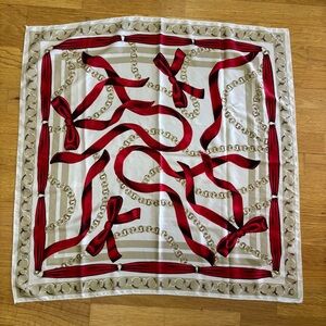 Tan Chain Red Ribbon Silky Square Coquette Twee Preppy Luxury Scarf 30” x 30”